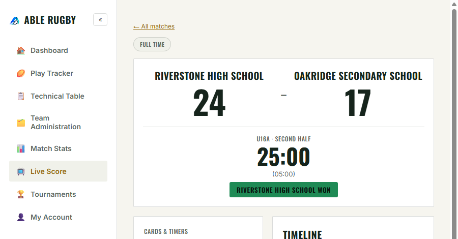 Live Score page showing the final result, Riverstone High School 24, Oakridge Secondary School 17